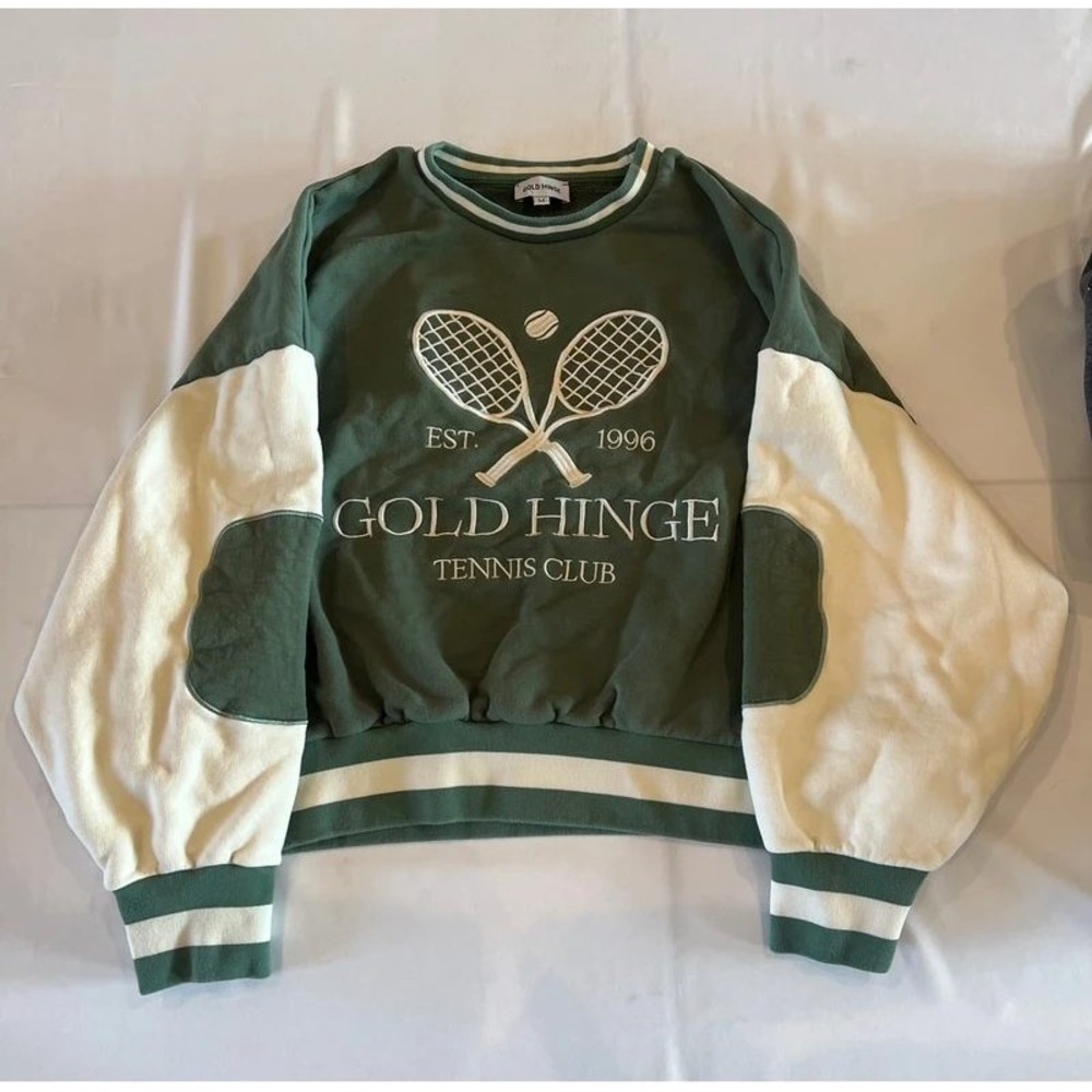 Gold Hinge Tennis Club Embroidered Sweatshirt Green Cream Medium Retro Preppy